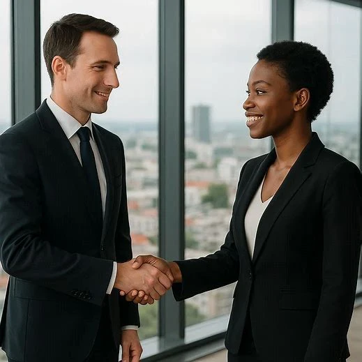 Politique de confidentialité. Deux personnes se serrent la main.