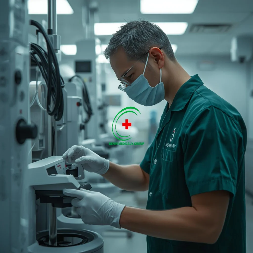Maintenance d'équipements médicaux, un ingénieur réparant et reprogrammant une machine dans un hopital, BMG, Cotonou, Parakou, Bénin