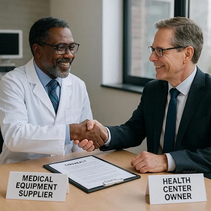 Deux hommes se serrent la main. Conditions Générale de Vente de Bénin Médicaux Group.