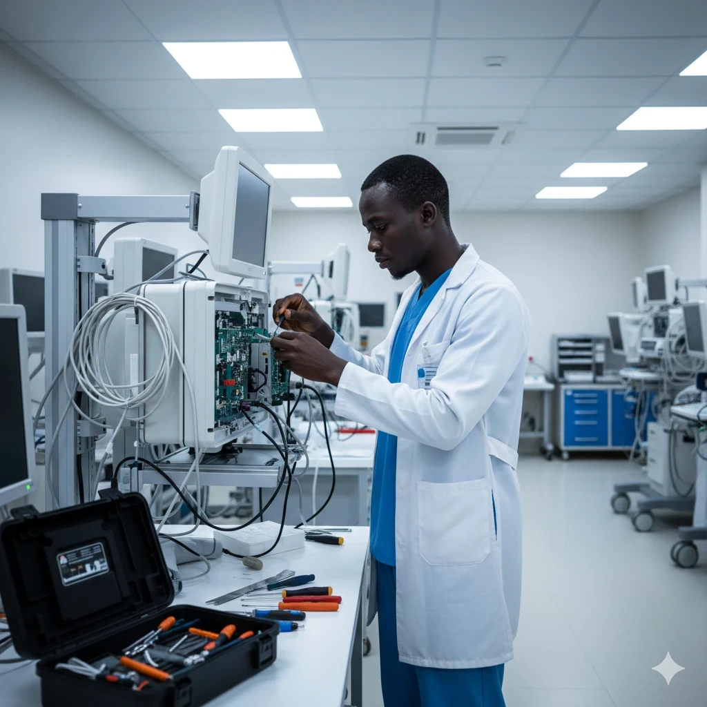 Image illustrant un technicien manipulant du matériel médical pour illustrer le theme : Le marché du matériel médical en Afrique de l’Ouest : croissance, besoins, défis et opportunités pour les acteurs de la santé