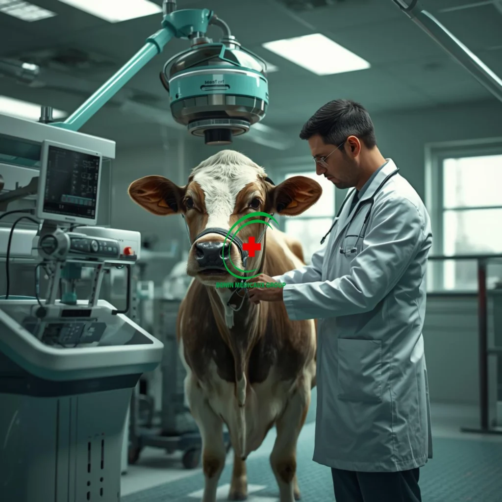 flyerwiz 1769863603567 11. Importation et distribution d’intrants zootechniques et vétérinaires, imqge illustrant, un vétérinaire en train de soigner une vache grace aux produits de Bénin Médicaux Group. Cotonou, Parakou, Bénin, Afrique.